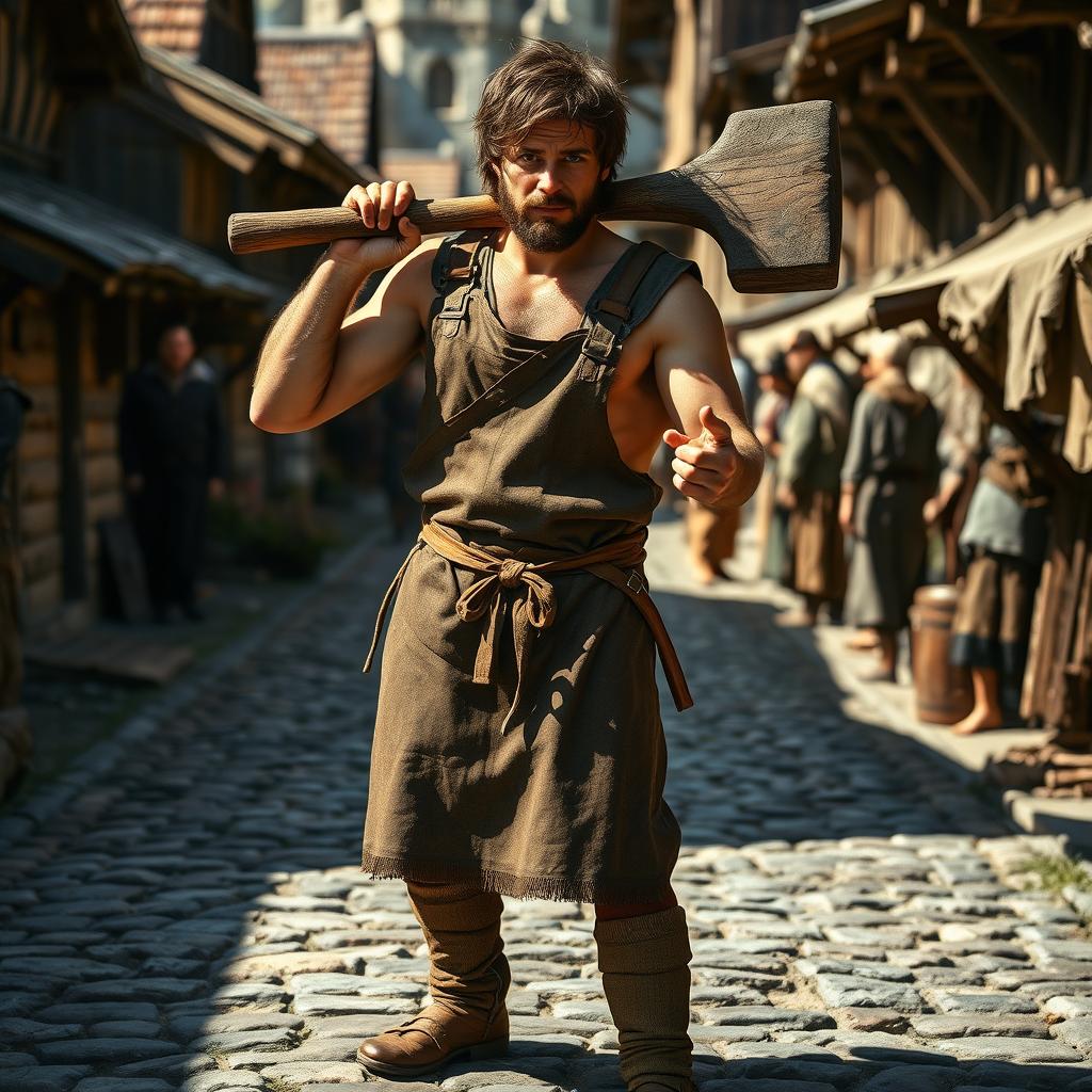 A medieval human male worker in rugged clothing, wielding a large two-handed wooden hammer, set against a backdrop of a bustling medieval village