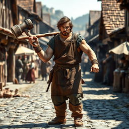A medieval human male worker in rugged clothing, wielding a large two-handed wooden hammer, set against a backdrop of a bustling medieval village