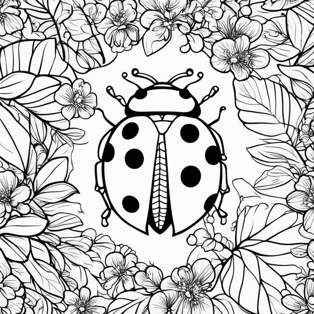 Black and white colouring book page with a simple illustration of a ladybug amidst leaves and flowers.