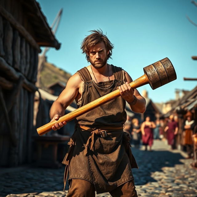 A medieval human male worker in rugged clothing, wielding a large two-handed wooden hammer, set against a backdrop of a bustling medieval village