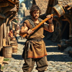 A medieval human male worker in rugged clothing, wielding a large two-handed wooden hammer, set against a backdrop of a bustling medieval village