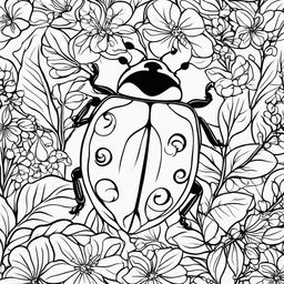 Black and white colouring book page with a simple illustration of a ladybug amidst leaves and flowers.