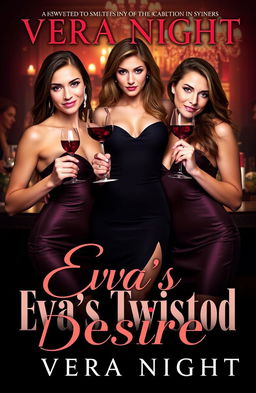 A captivating book cover for 'Eva's Twisted Desire' by Vera Night, featuring elegant women in sexy dresses, exuding confidence and allure