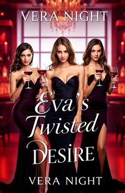 A captivating book cover for 'Eva's Twisted Desire' by Vera Night, featuring elegant women in sexy dresses, exuding confidence and allure