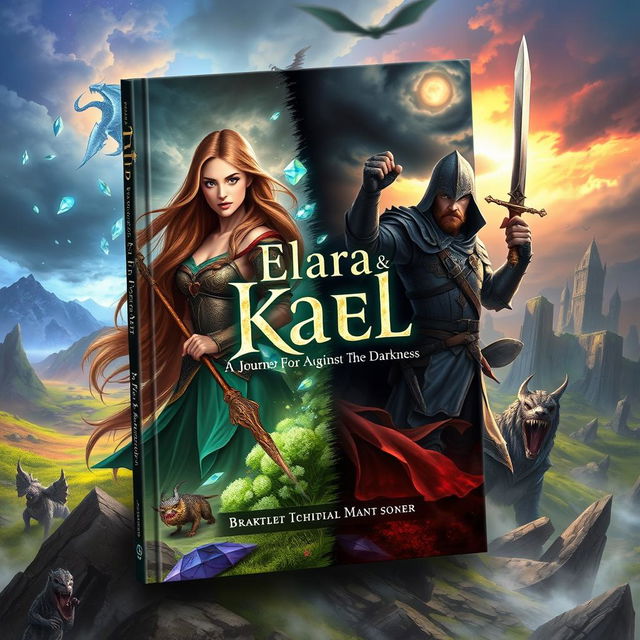 A captivating book cover that evokes a sense of adventure, mystery, and hope, featuring two central characters, Elara and Kael