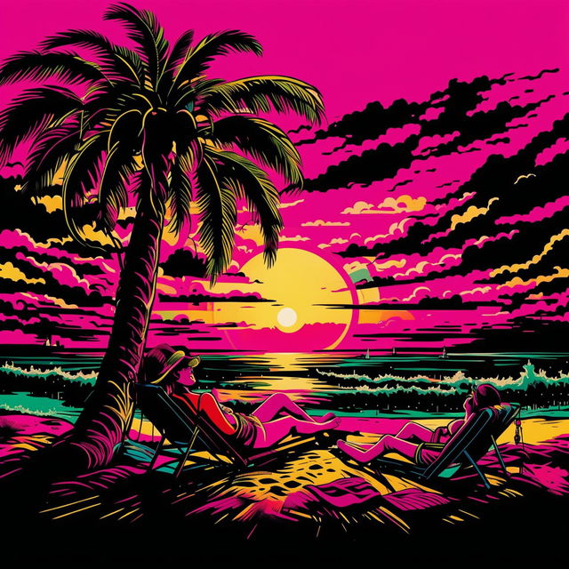 Ultra-wide pop art style digital painting of a palm tree on a vibrant beach with a sunbathing couple under a sunset sky.