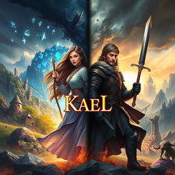A captivating book cover that evokes a sense of adventure, mystery, and hope, featuring two central characters, Elara and Kael