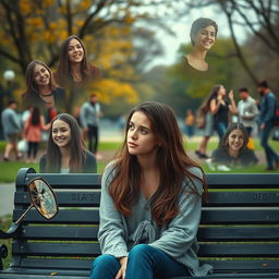 A poignant and introspective scene depicting a young woman lost in her emotions, surrounded by a swirl of uncertainties and insecurities about being perfect