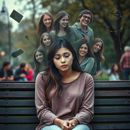 A poignant and introspective scene depicting a young woman lost in her emotions, surrounded by a swirl of uncertainties and insecurities about being perfect