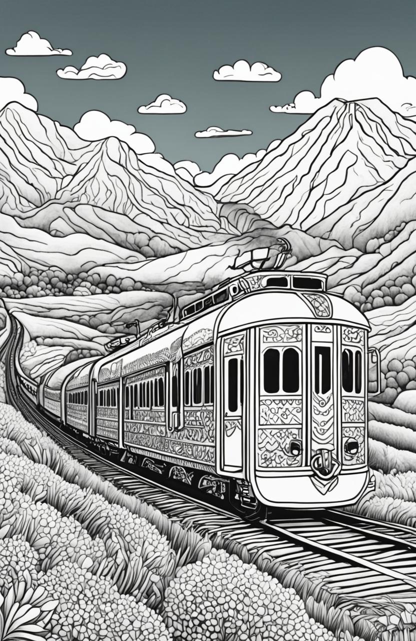 Coloring book page of a detailed Wes Anderson-inspired train with unique carriages and intricate designs against a backdrop of rolling hills and open sky