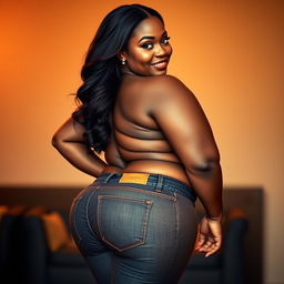 A confident, sexy, voluptuous black woman with a curvaceous figure, prominently showcasing her large buttocks in form-fitting, stylish tight jeans