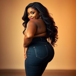 A confident, sexy, voluptuous black woman with a curvaceous figure, prominently showcasing her large buttocks in form-fitting, stylish tight jeans