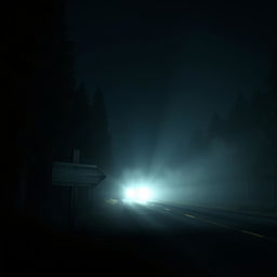 A spine-chilling nighttime scene showcasing a semi-rounded, empty wooden signpost standing beside a dark, deserted road