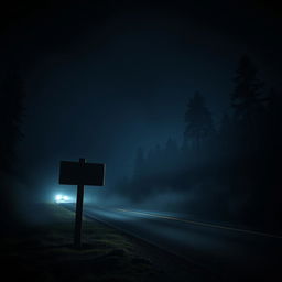 A spine-chilling nighttime scene showcasing a semi-rounded, empty wooden signpost standing beside a dark, deserted road