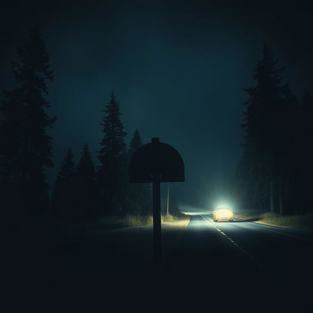 A spine-chilling nighttime scene showcasing a semi-rounded, empty wooden signpost standing beside a dark, deserted road