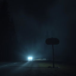 A spine-chilling nighttime scene showcasing a semi-rounded, empty wooden signpost standing beside a dark, deserted road