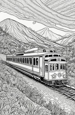 Coloring book page of a detailed Wes Anderson-inspired train with unique carriages and intricate designs against a backdrop of rolling hills and open sky