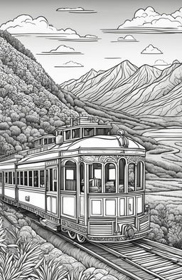 Coloring book page of a detailed Wes Anderson-inspired train with unique carriages and intricate designs against a backdrop of rolling hills and open sky