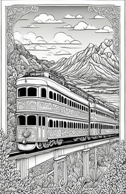 Coloring book page of a detailed Wes Anderson-inspired train with unique carriages and intricate designs against a backdrop of rolling hills and open sky