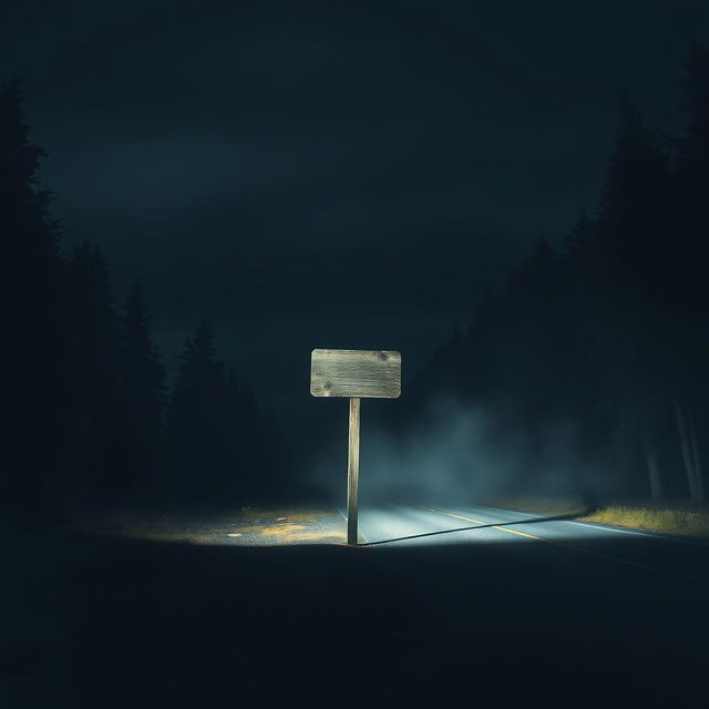 A chilling scene inspired by the works of Stephen King, showcasing a semi-rounded, empty wooden signpost standing beside a dark, deserted road