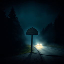 A chilling scene inspired by the works of Stephen King, showcasing a semi-rounded, empty wooden signpost standing beside a dark, deserted road