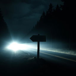 A chilling scene inspired by the works of Stephen King, showcasing a semi-rounded, empty wooden signpost standing beside a dark, deserted road