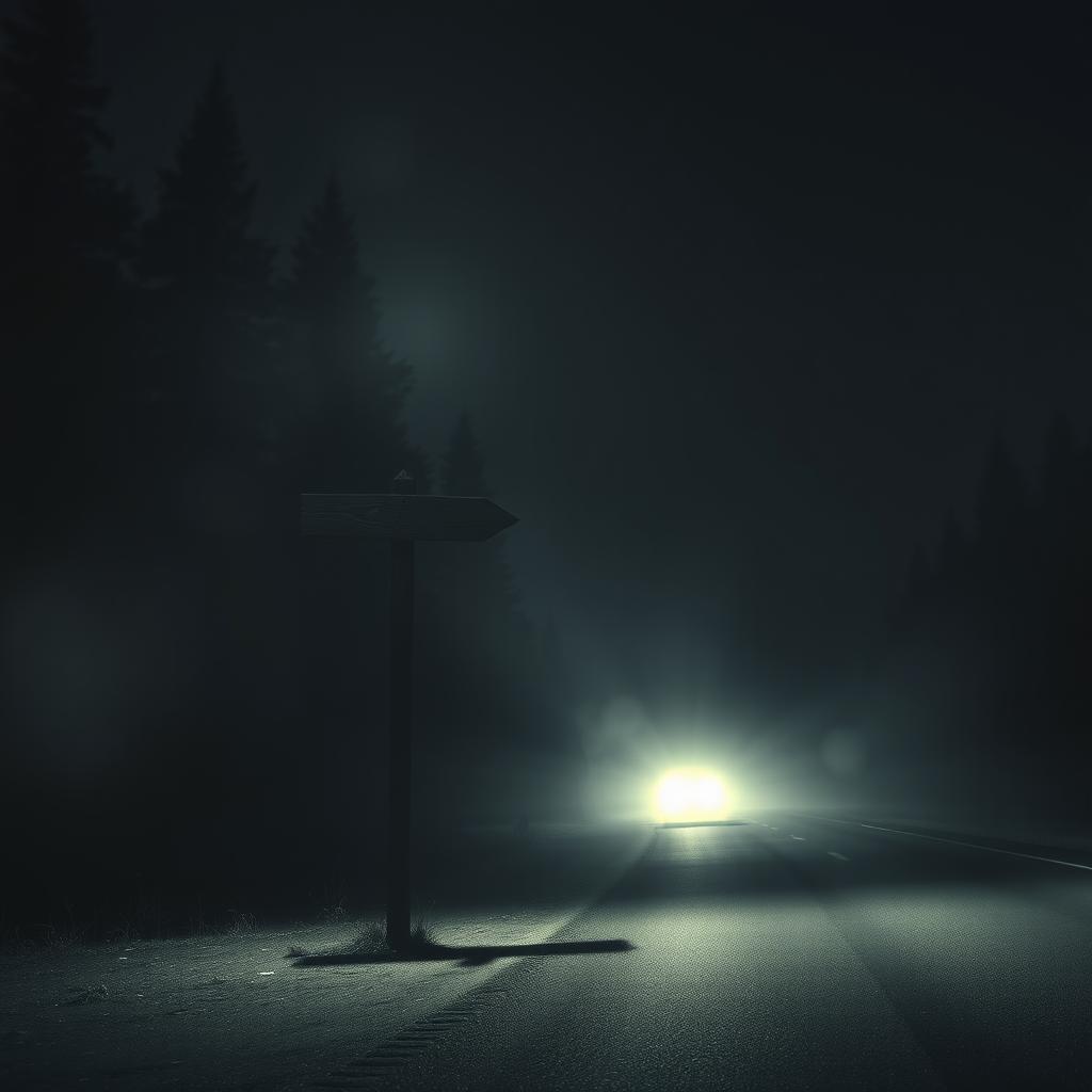 A chilling scene inspired by the works of Stephen King, showcasing a semi-rounded, empty wooden signpost standing beside a dark, deserted road