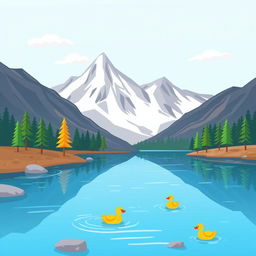A whimsical cartoon illustration of a lake surrounded by mountains