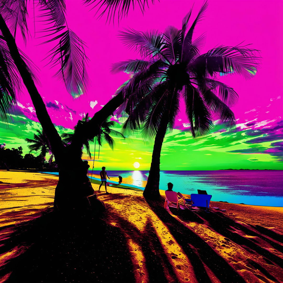 HD wide-angle lens photograph of a palm tree on a vibrant beach with a sunbathing couple under a sunset sky, enhanced with pop art colors