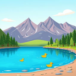 A whimsical cartoon illustration of a lake surrounded by mountains