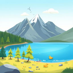 A whimsical cartoon illustration of a lake surrounded by mountains