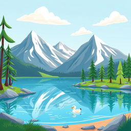 A whimsical cartoon illustration of a lake surrounded by mountains