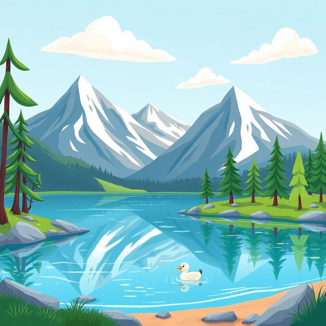 A whimsical cartoon illustration of a lake surrounded by mountains