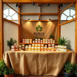 A cozy and eco-friendly large stand setup for a herbal cigarettes brand called rubus