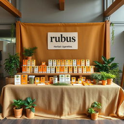 A cozy and eco-friendly large stand setup for a herbal cigarettes brand called rubus