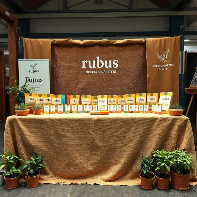 A cozy and eco-friendly large stand setup for a herbal cigarettes brand called rubus