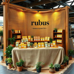 A cozy and eco-friendly large stand setup for a herbal cigarettes brand called rubus