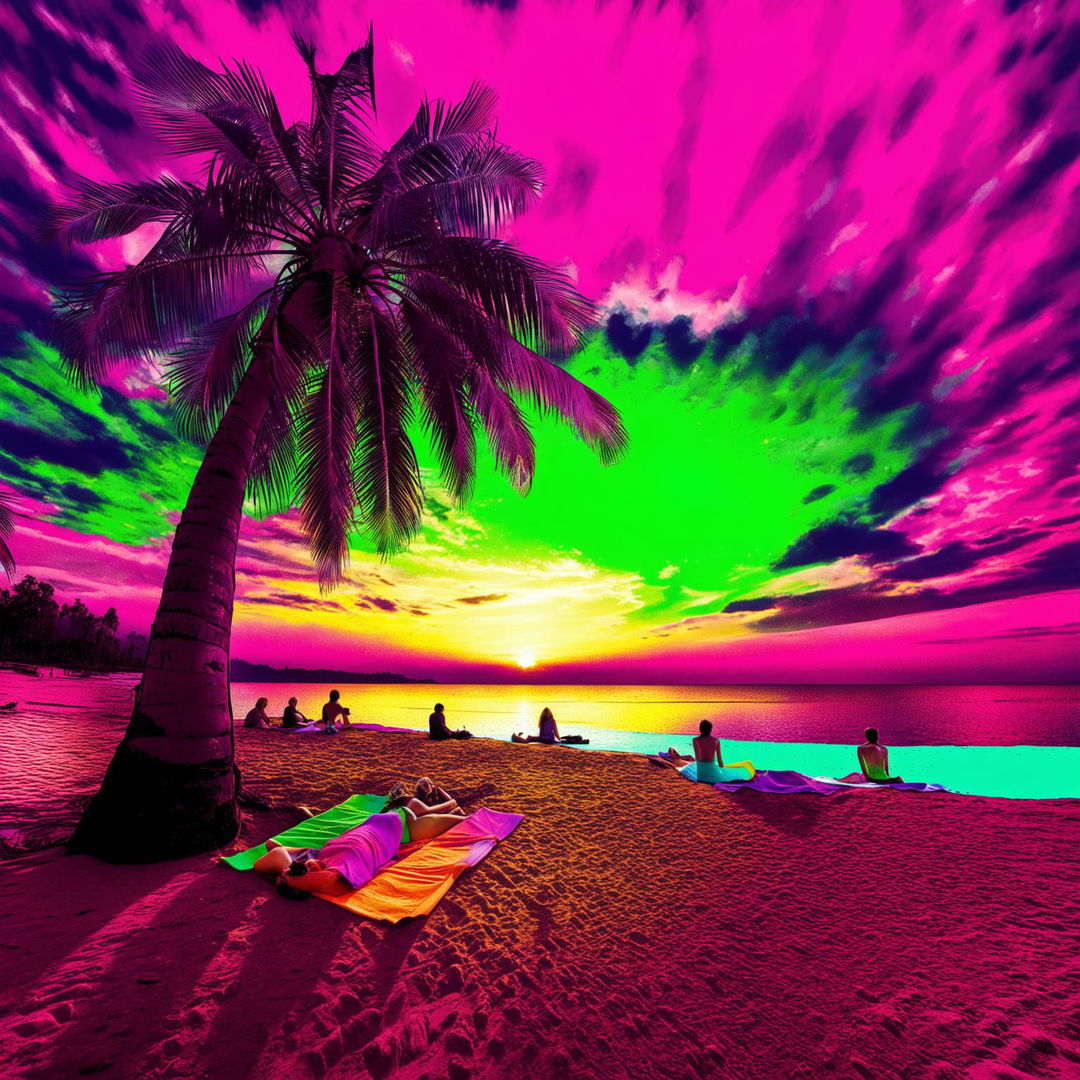 HD wide-angle lens photograph of a palm tree on a vibrant beach with a sunbathing couple under a brilliant sunset sky, enhanced with pop art colors