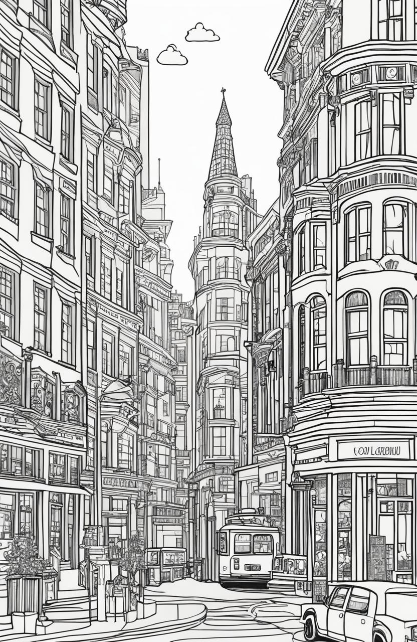 Coloring book page of a Wes Anderson-inspired cityscape with quirky buildings and a bustling street scene.