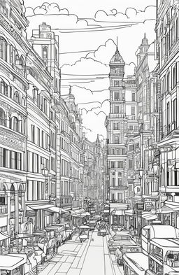 Coloring book page of a Wes Anderson-inspired cityscape with quirky buildings and a bustling street scene.