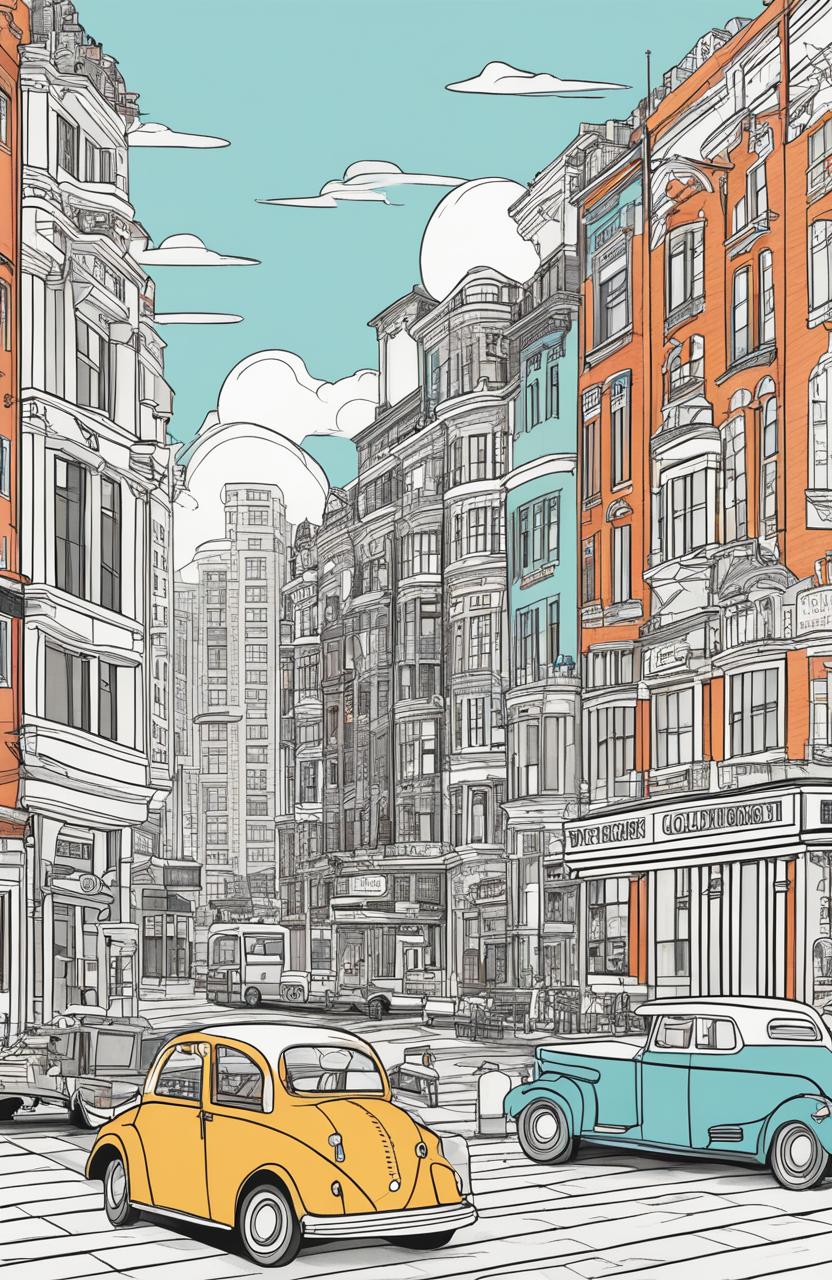 Coloring book page of a Wes Anderson-inspired cityscape with quirky buildings and a bustling street scene.