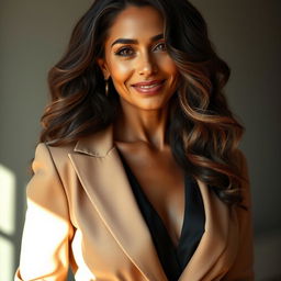 A woman with tanned skin and thick, luxurious hair, celebrating the beauty of being 40 years old