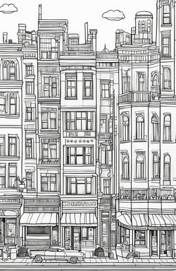 Coloring book page of a Wes Anderson-inspired cityscape with quirky buildings and a bustling street scene.