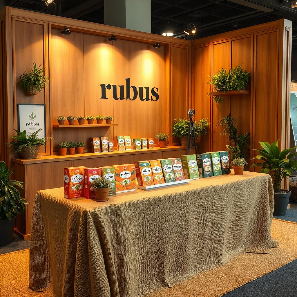 A cozy and eco-friendly large stand setup for a herbal cigarettes brand called rubus