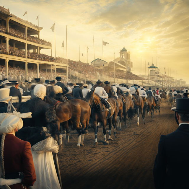 Victorian-era horse racing event during golden hour captured through a wide-angle lens.