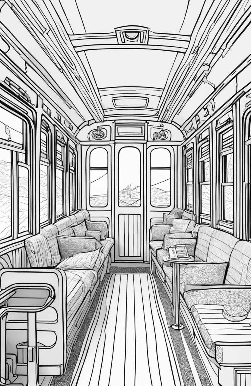 Series of coloring book pages featuring different aspects of a Wes Anderson-inspired train journey: the train itself, an interior carriage scene, the train in a landscape, and the conductor