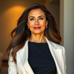 A woman with tanned skin and thick, flowing hair, fully dressed in elegant and fashionable attire, celebrating her beauty at the age of 40