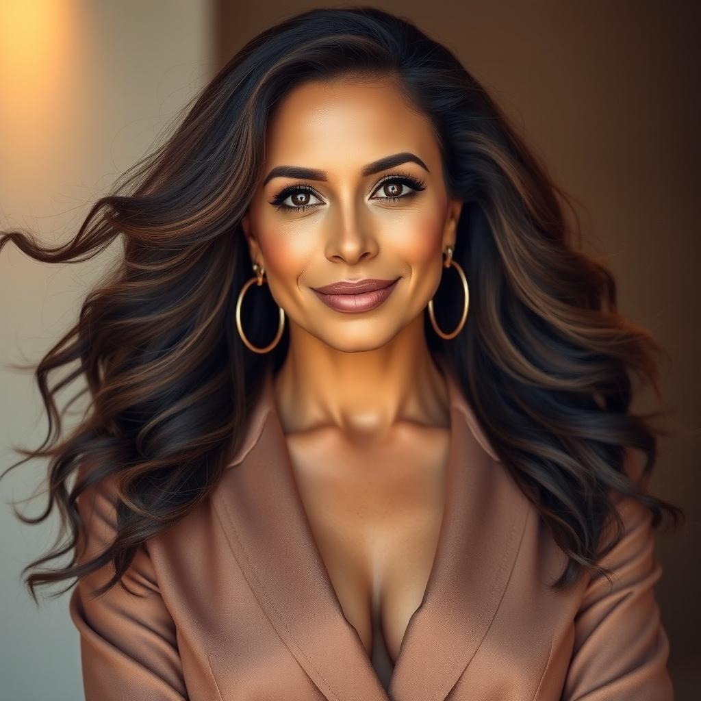 A woman with tanned skin and thick, flowing hair, fully dressed in elegant and fashionable attire, celebrating her beauty at the age of 40