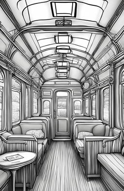 Series of coloring book pages featuring different aspects of a Wes Anderson-inspired train journey: the train itself, an interior carriage scene, the train in a landscape, and the conductor