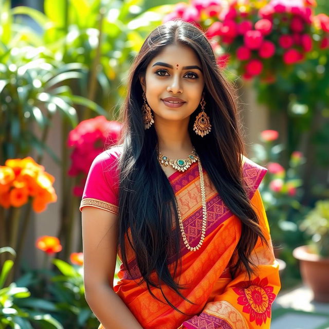 A beautiful and attractive Hindu woman, elegantly dressed in a colorful saree, standing gracefully in a vibrant outdoor setting